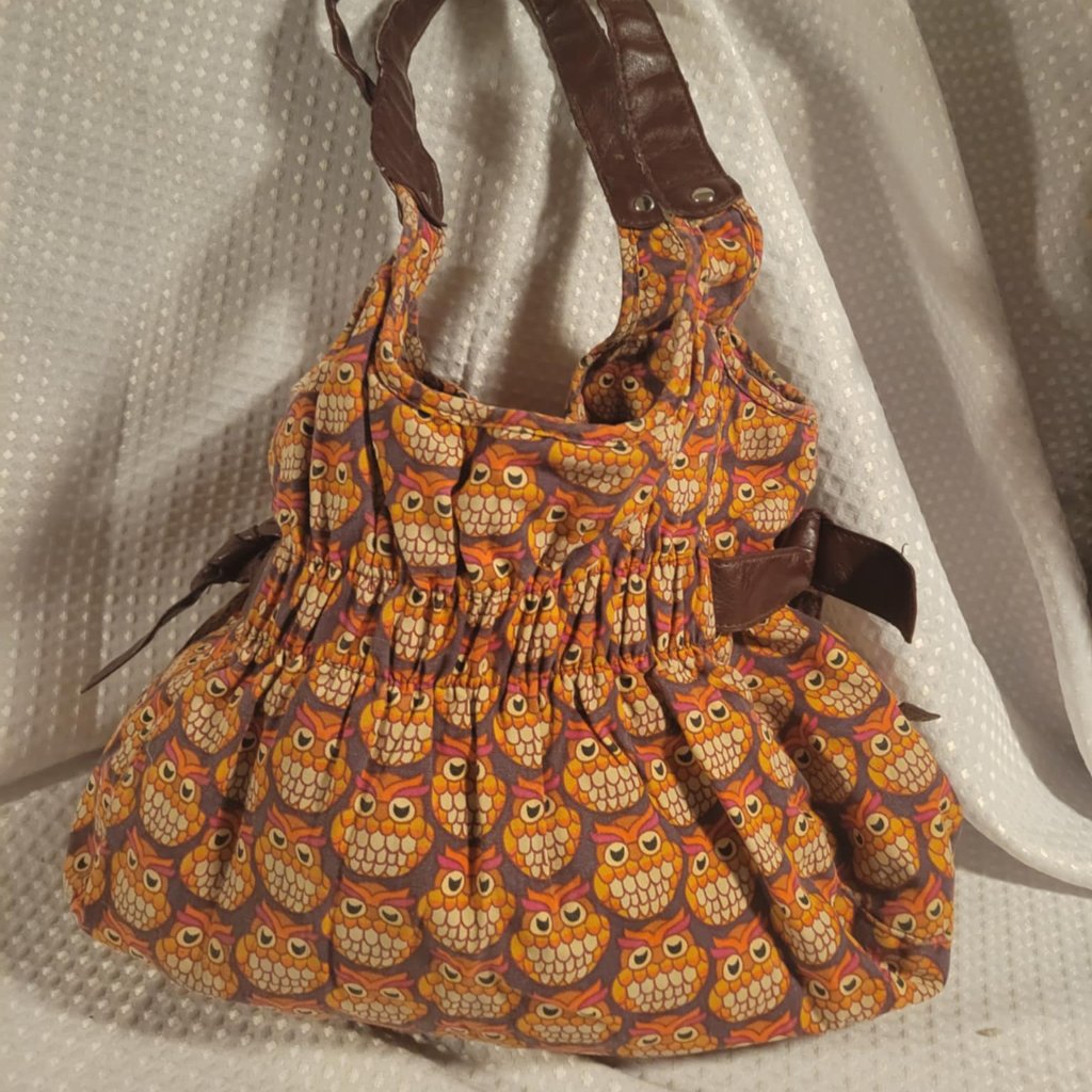 Hoot Owl Pattern Canvas Fabric Shoulder Bag Purse Orange Burgandy 10 X14 X 6